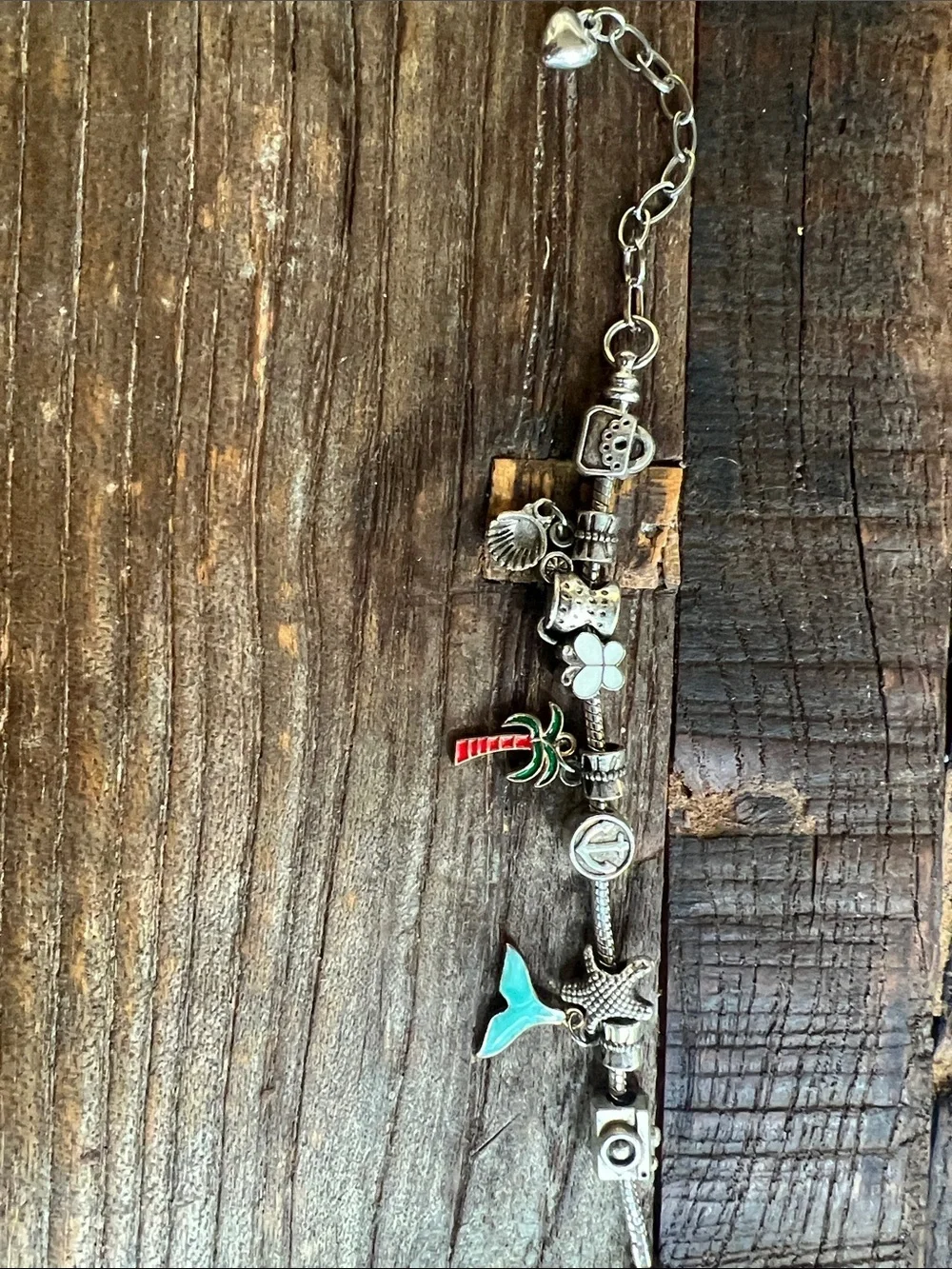 Silver Charm Bracelet with Palm Tree and Shell Charms